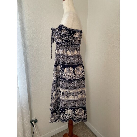 Boho Elephant Print Strapless Midi Dress Asymmetrical Hem Navy Beige 100% Rayon - Picture 3 of 7
